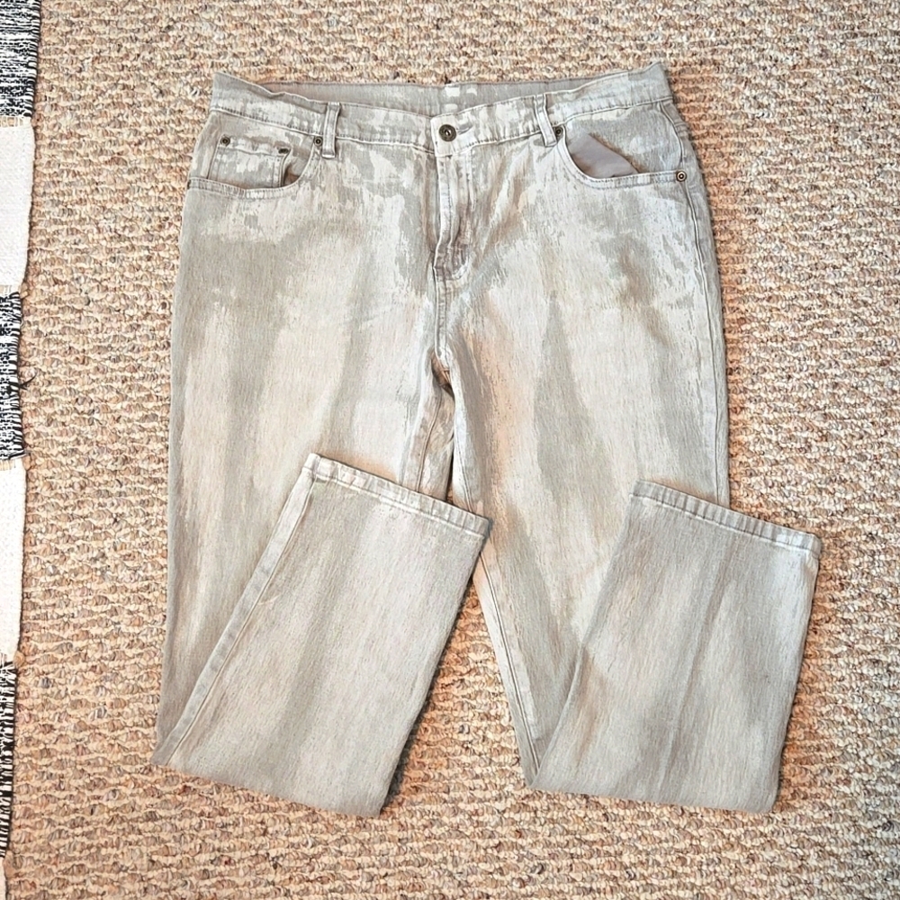 DG2 Diane Gilman Pattern Greige striated Straight leg stretch Jeans Women 14P